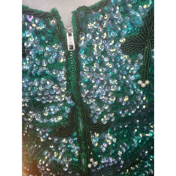 60s Vintage Beaded Sequinย Top TankโGreen Holiday Sleeveless HOLIDAY SparklyโS - Picture 3 of 5